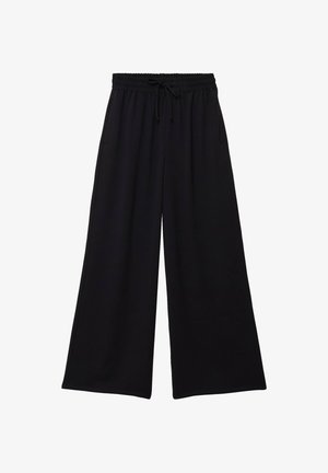Pantaloni neri a gamba larga con coulisse e vita elasticizzata, realizzati in tessuto morbido, pensati per un uso casual.