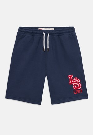 Marineblaue Shorts mit Kordelzug, elastischem Bund und rotem „LS Levi's“-Logo am unteren rechten Bein.