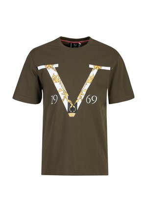 Olive green cotton T-shirt with short sleeves featuring a large white "V" design with gold floral accents and the year "1969" below.