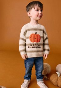 Pull rayé crème avec un design de citrouille et le texte "petite CITROUILLE", associé à un jean bleu et des baskets blanches, sur un fond marron.