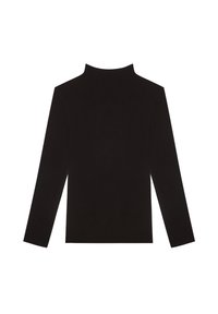 Schwarzes Langarm-Turtleneck-Oberteil aus glattem Stoff, mit fitted Design und minimalen Nähten. Keine sichtbaren Logos oder Muster.