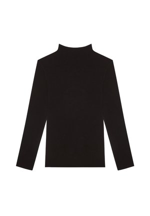 Schwarzes Langarm-Turtleneck-Oberteil aus glattem Stoff, mit fitted Design und minimalen Nähten. Keine sichtbaren Logos oder Muster.