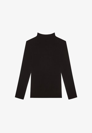 Schwarzes Langarm-Turtleneck-Oberteil aus glattem Stoff, mit fitted Design und minimalen Nähten. Keine sichtbaren Logos oder Muster.