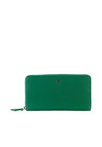 Green leather wallet with a smooth texture, zip closure, and a small metallic logo accent on the front. Rectangular shape, minimalistic design.