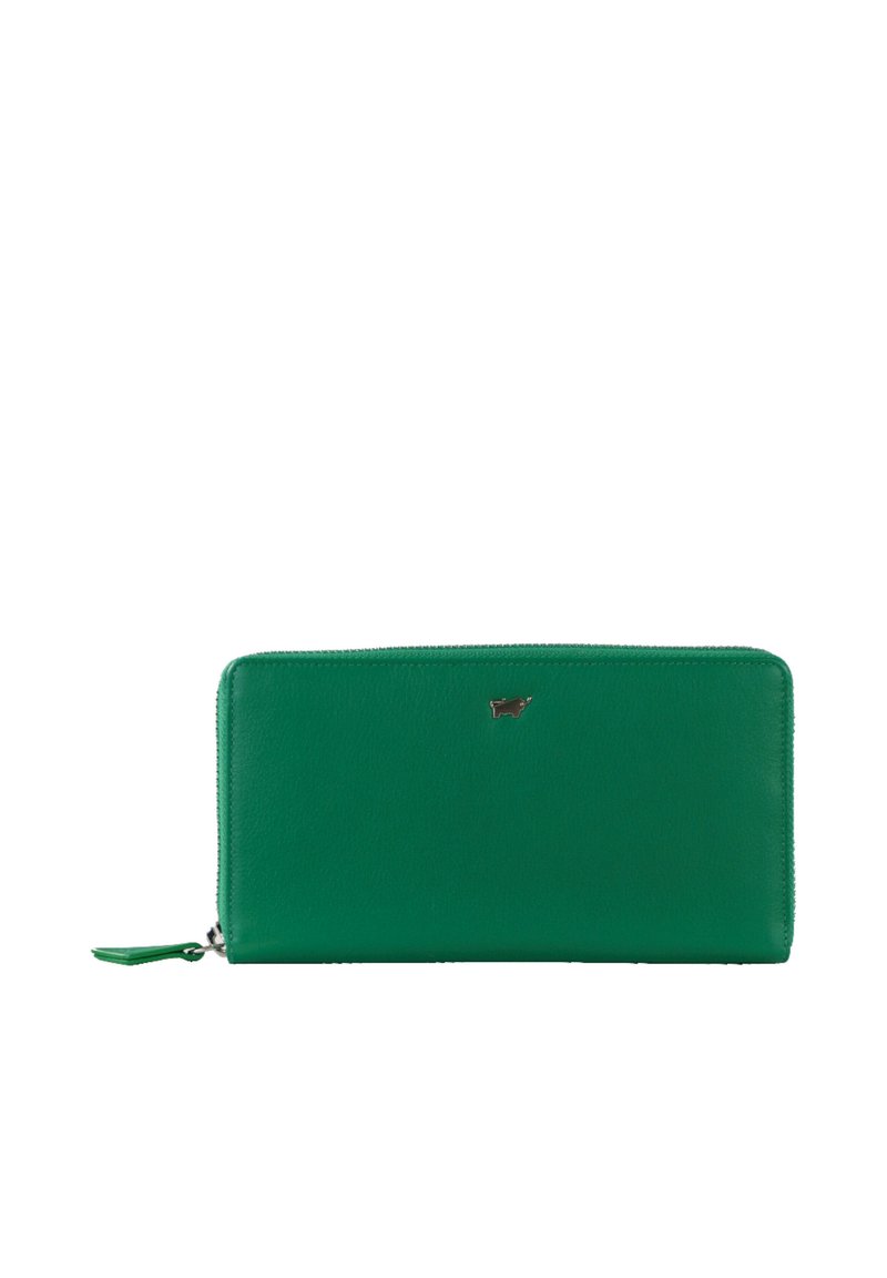 Green leather wallet with a smooth texture, zip closure, and a small metallic logo accent on the front. Rectangular shape, minimalistic design.