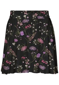 Zwarte rok met een bloemenpatroon in tinten van paars, roze en groen; elastische tailleband; vloeiende stof.
