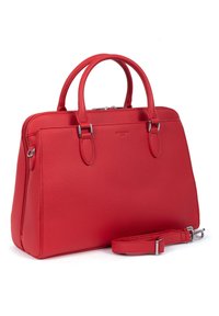 Borsa a tracolla in pelle rossa con finitura testurizzata, doppi manici, tracolla rimovibile e dettagli in metallo argentato. Chiusura con zip nella parte superiore.