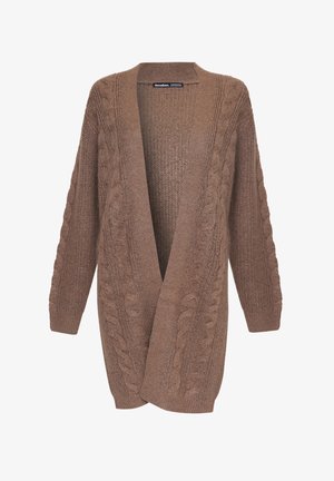 Brązowy dzianinowy kardigan z otwartym przodem, z wzorami warkocza na rękawach i bokach. Miękka faktura i luźny krój.