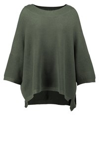 Texturerad grön poncho med en bred, rundad halsringning och sidofickor, med horisontell ribbstruktur och löst sittande ärmar.