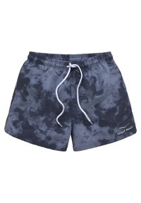 Kratke hlače za plivanje u tamnoplavo-sivoj tie-dye uzorku; izrađene od lagane tkanine s elastičnom strukom, bijelim vezicom i logotipom "Venice Beach".