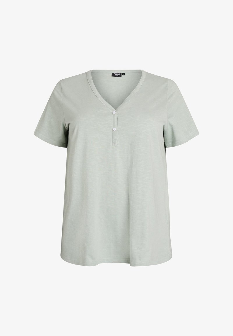 Hellgraues Kurzarmshirt mit V-Ausschnitt und zwei weißen Knöpfen auf der vorderen Knopfleiste, auf weißem Hintergrund dargestellt.