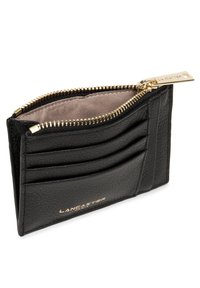 Portafoglio in pelle nera con zip dorata, dotato di più scomparti per carte e una superficie texture. Il marchio è impresso sul fronte.