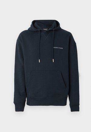 Navy blue hooded sweatshirt made of cotton, featuring a kangaroo pocket and white printed logo on the chest, with silver drawstring accents.