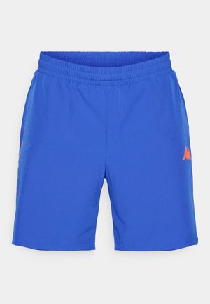 Blue athletic shorts made of lightweight fabric. Features an elastic waistband and a small orange logo on the left side. Classic fit.