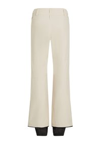 Beige wijde broek met een gladde textuur, voorzien van naden op de benen en zwarte elastische manchetten aan de onderkant. Ritszak aan de achterkant.