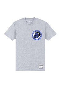 Grå bomulds t-shirt med korte ærmer, prydet med et blåt og sort cirkulært logo på brystet, som står "PARK FIELD BLUE HILL DEVILS 1971."