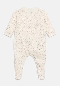 Κρεμ φορμάκι μωρού με μακριά μανίκια, καλυμμένα πόδια και μικρό κόκκινο μοτίβο καρδιάς, με διαγώνιο μπροστινό κούμπωμα με κουμπιά.