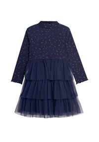 Granatowa sukienka z długimi rękawami, z ribbową górą ozdobioną złotymi kropeczkami i tiulowym, warstwowym dołem. Teksturowana tkanina kontrastuje z warstwami.