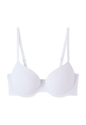 Reggiseno imbottito bianco con spalline regolabili e ferretto, mostrato su sfondo bianco uniforme.