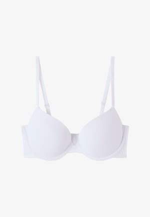 Reggiseno imbottito bianco con spalline regolabili e ferretto, mostrato su sfondo bianco uniforme.