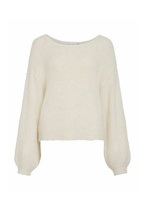 Pulover scurt, de culoare crem, cu o croială lejeră, mâneci largi și lungi, și o textură moale și pufoasă. Dispune de un decolteu larg, rotund.