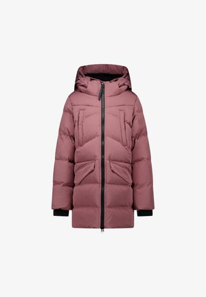 Lange mauve gevoerde winterjas met capuchon, volledige ritssluiting aan de voorkant, twee verticale borstzakken en twee grote klepzakken ter hoogte van de taille.