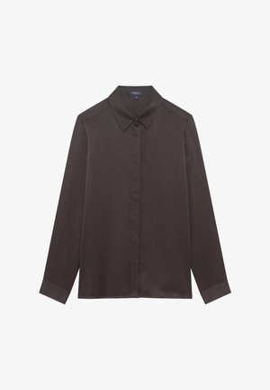 Chemise à manches longues marron foncé avec un col pointu, fermeture à boutons sur le devant et une texture de tissu lisse. Design classique sans motifs supplémentaires.