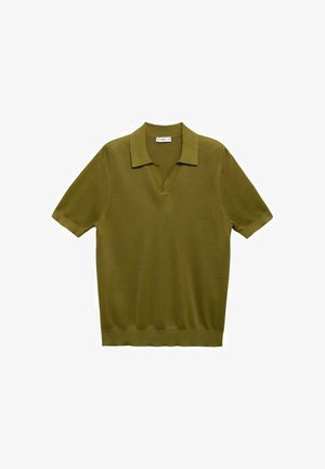 Olive green short-sleeve polo shirt, made of textured fabric, featuring a V-neckline and a straight hem with a subtle ribbed finish.
