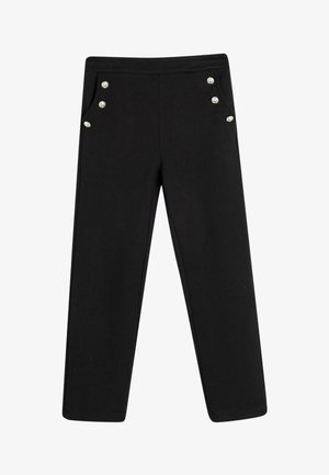 Zwarte, elastische broek met twee voorzakken met zilveren knopen, een rechte pijpdesign en een gladde textielafwerking.