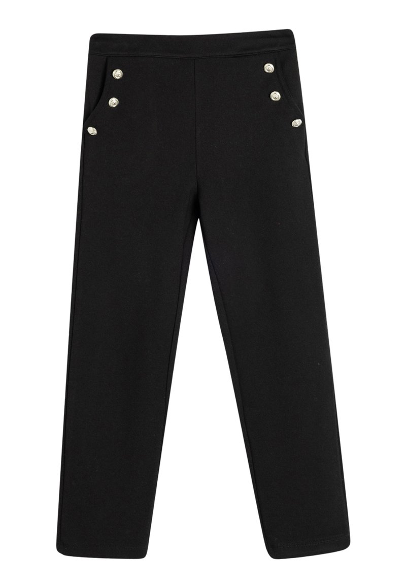 Zwarte, elastische broek met twee voorzakken met zilveren knopen, een rechte pijpdesign en een gladde textielafwerking.