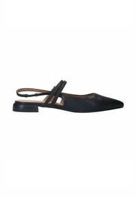 Zwarte leren slingback schoen met een spitse neus. Heeft twee slanke banden en een lage blokhak. Gladde textuur, minimalistisch ontwerp.