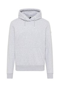 Hellegrauer Hoodie aus weichem Material, mit einer Kängurutasche vorne, verstellbarem Kordelzug an der Kapuze sowie gerippten Bündchen und Saum.