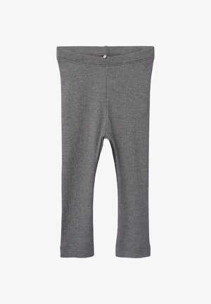 Leggings grigi ribattoni con una cintura elastica, senza chiusure visibili. Presentano un taglio stretto e una texture liscia, ideali per l'abbigliamento casual.