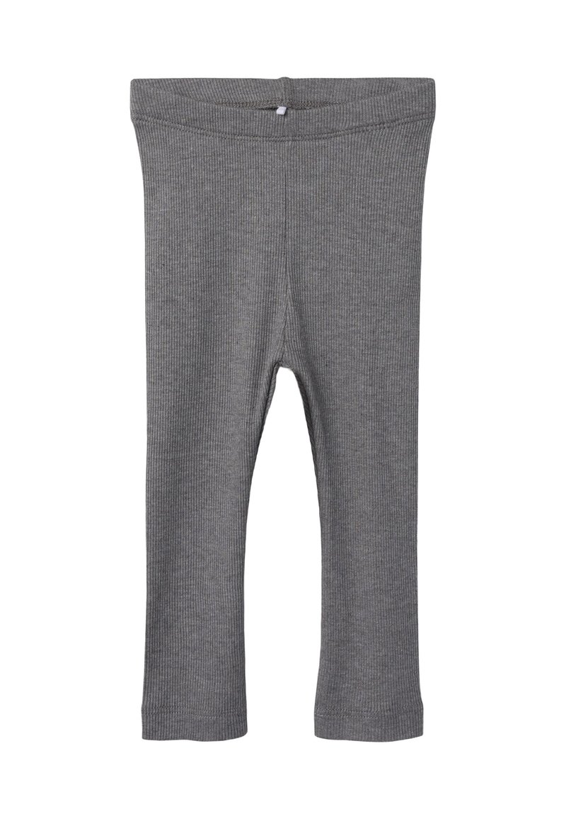 Grå ribbede leggings med elastisk midjebånd, uten synlige lukninger. Har en smal passform og glatt tekstur, ideell for hverdagsbruk.