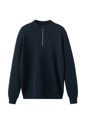 Tmavě modrý pletený svetr s dlouhým rukávem, žebrovaným vysokým límcem a polovičním zipem na předním středu.