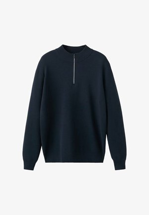 Tmavě modrý pletený svetr s dlouhým rukávem, žebrovaným vysokým límcem a polovičním zipem na předním středu.