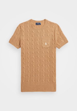 Suéter de punto corto de manga corta con cuello redondo y pequeño bolsillo en el pecho con el logo blanco de Polo Ralph Lauren.