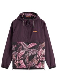 Herr zip-up hoodie jacka med mörklila enfärgad överdel, svart botten med rosa tropiskt bladtryck, dragsko i luvan och elastiska muddar.