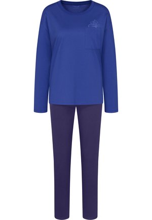 Maglietta blu a maniche lunghe con tasca e ricamo floreale, abbinata a pantaloni viola scuro. Realizzata in tessuto morbido, presenta una vestibilità comoda.
