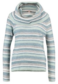Pull en maille rayé bleu clair, gris et blanc. Présente un col bénitier et des poignets côtelés. Texture douce, épaisseur moyenne.