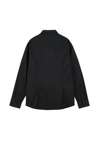 Czarna koszula z długim rękawem, wykonana z gładkiego materiału. Posiada spiczasty kołnierz, mankiety zapinane na guziki oraz prosty tył bez widocznych logo lub wzorów.