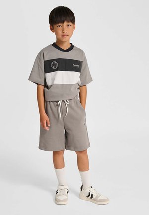 Grijs, kortärmelig T-shirt met zwart-witte strepen, logopatch, gecombineerd met bijpassende grijze shorts en witte sneakers met zwarte strepen.