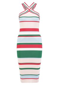 Robe midi en maille à silhouette ajustée. Présente des rayures horizontales rouges, vertes, bleues et blanches. Conception à col halter avec bretelles croisées.