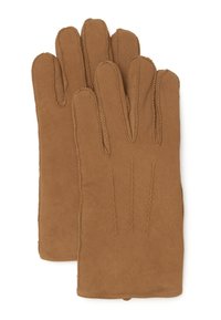 Guanti in suede marrone con una texture liscia, caratterizzati da accenti ricamati e tre linee verticali sul retro per un tocco di dettaglio in più.