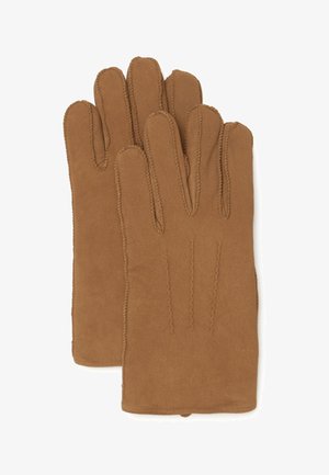 Braune Wildlederhandschuhe mit glatter Textur, versehen mit genähten Akzenten und drei vertikalen Linien auf der Rückseite für zusätzliche Details.