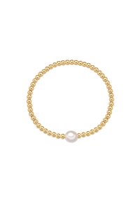Goldfarbener Perlenring mit einheitlichem Muster, der eine einzelne weiße Perle in der Mitte hat. Glatte Oberfläche mit glänzendem Finish.