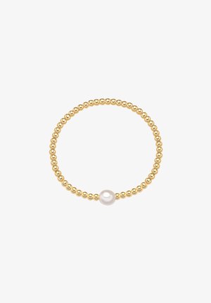 Zeltīta pērļu gredzens ar vienotu rakstu, kurā ir viens balts pērle centrā. Gluda virsma ar spīdīgu apdari.