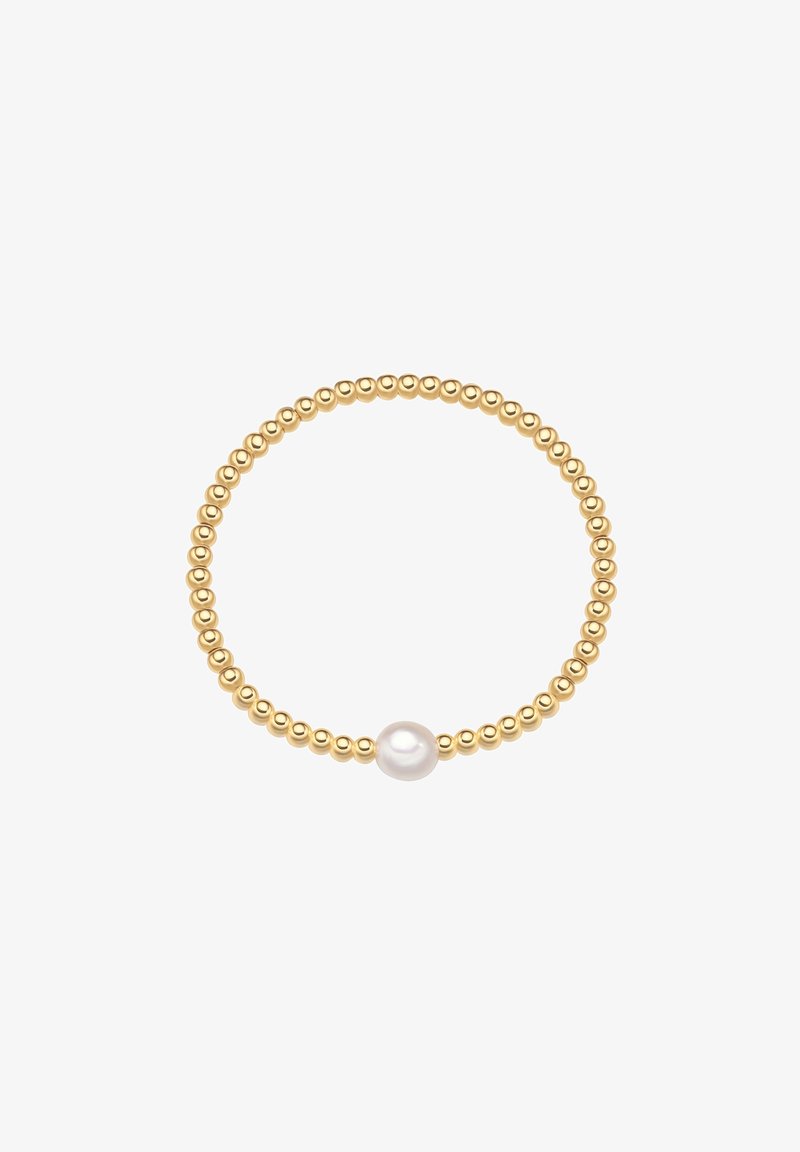 Arany színű gyöngyörű gyűrű egyenletes mintával, középen egyetlen fehér gyönggyel. Simító felület, fényes felülettel.