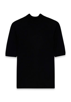 Zwart kortärmelige t-shirt met een hoge hals, gemaakt van zachte stof, met een relaxte pasvorm en zonder zichtbare patronen of accenten.