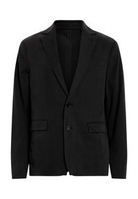 Schwarzer Blazer aus strukturiertem Stoff, mit Reverskragen, zwei Knöpfen und zwei frontalen Taschen. Einfaches Design ohne Muster.